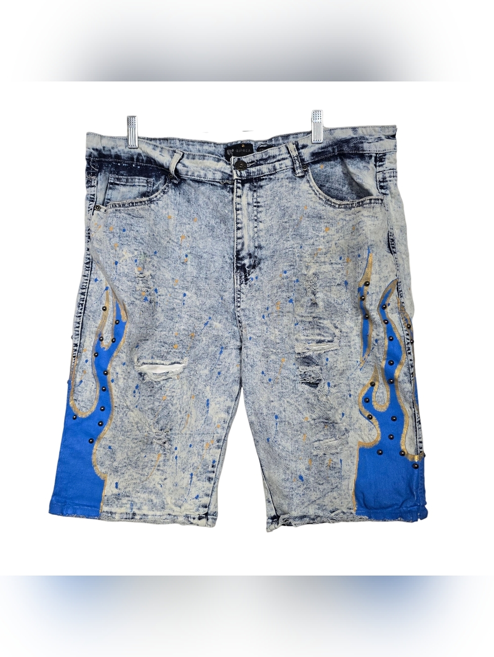Waimea Men's Acid Wash Distressed Denim Shorts Blue Flame Paint Splatter 40